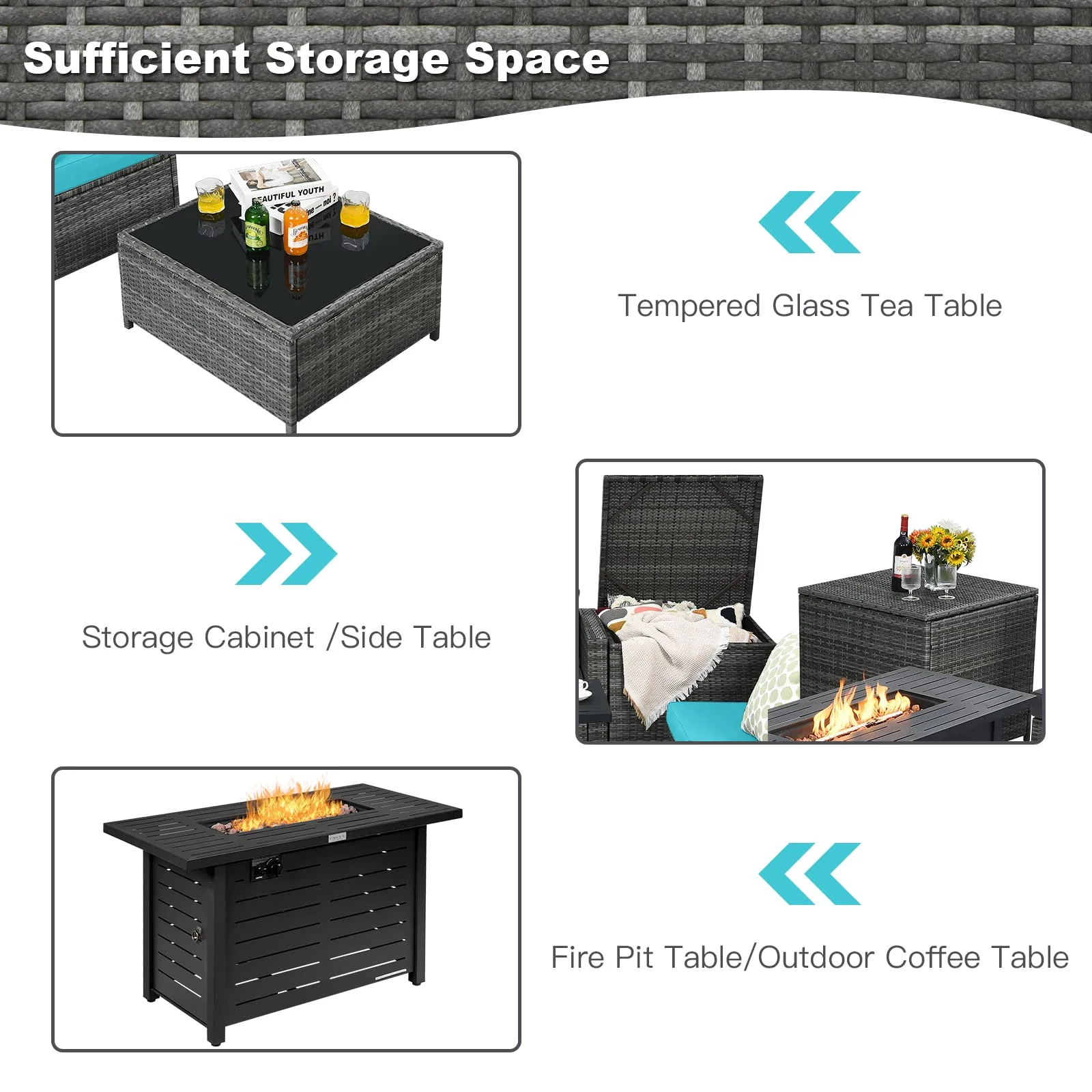 Tangkula 9 Pieces Patio Rattan Furniture Set, Patiojoy Sectional Sofa Set w/Storage Box, Coffee Table, Outdoor Wicker Conversation Set - Image 7