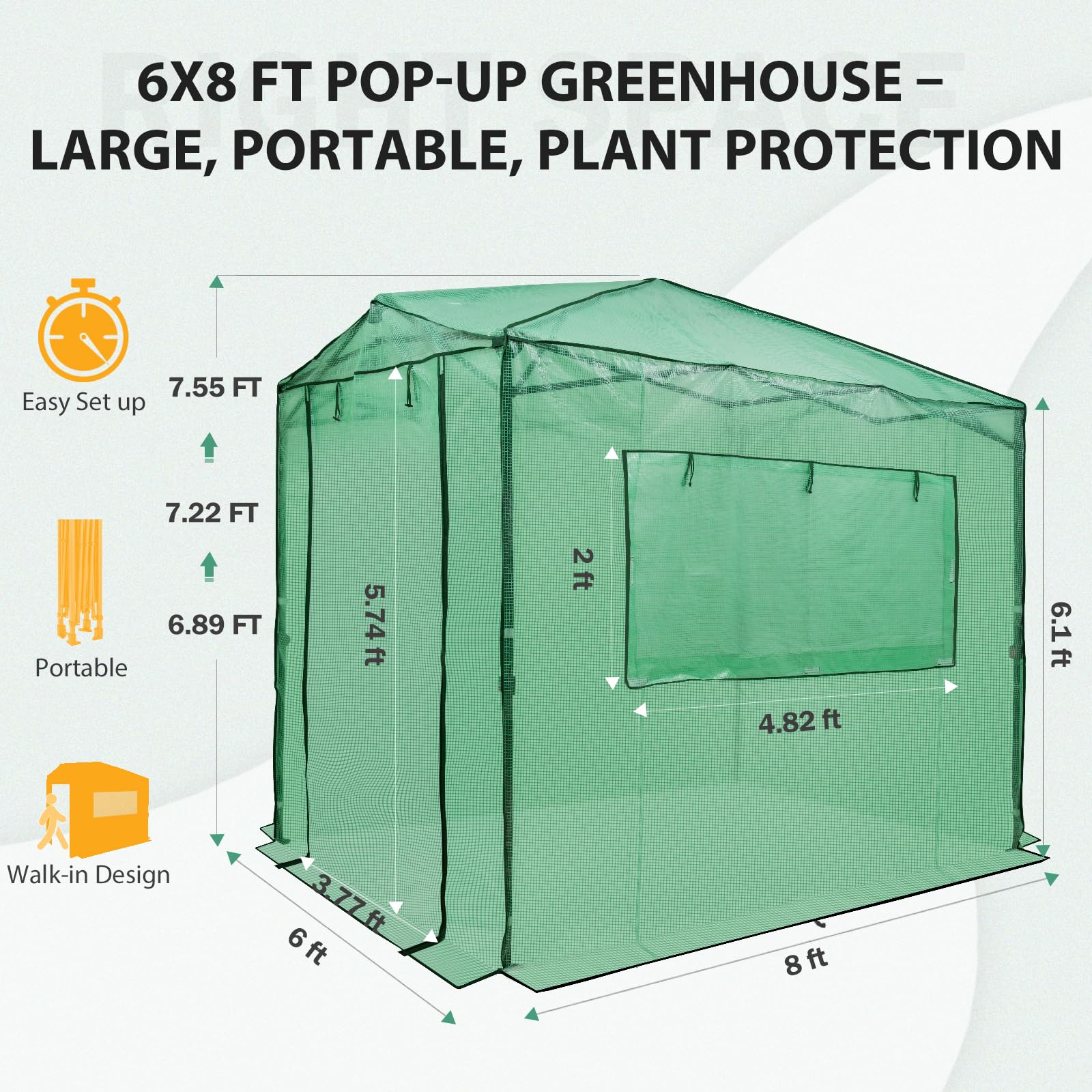 EAGLE PEAK 8x6 Easy Setup Pop Up Greenhouse, Clear/Green Walk-In Greenhouses for Outdoors, Green House for Winter Protection, Roll-Up Doors & Mesh Windows, One Person Setup - Image 3