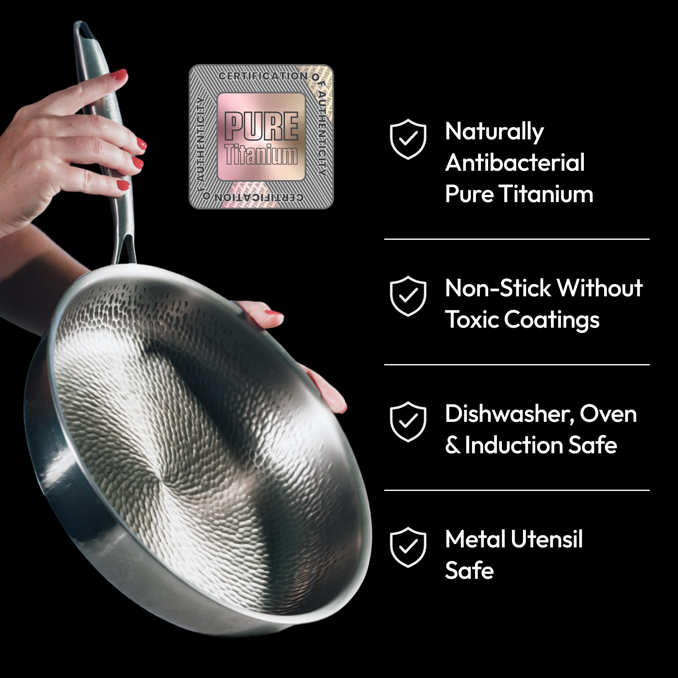 Plateful Titanium Pans For Cooking 12 Inch, No Coating Nonstick, with Lid Pure uncoated titanium frying pan, surface sears to 750F, PFOA/PFAS/PTFE Free Fajita, works on induction and all cooktops. - Image 2