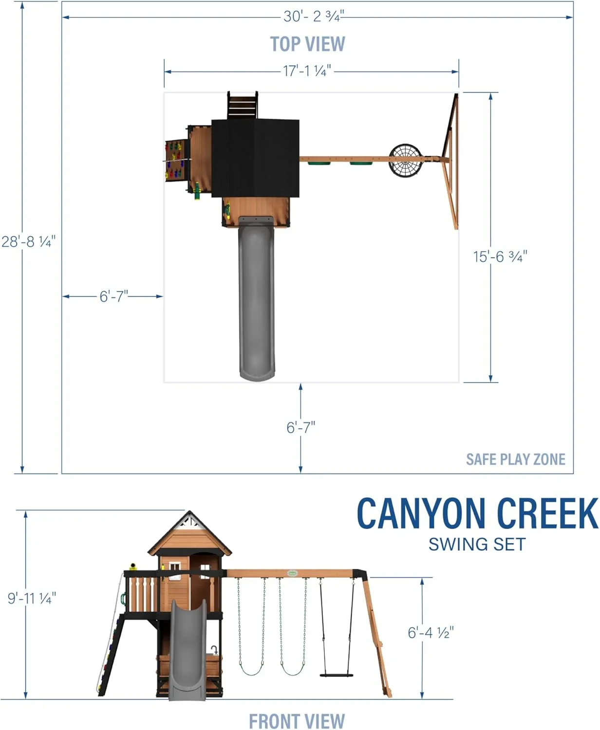 Canyon Creek Cedar Wood Swing Set with Wave Slide, Clubhouse, Play Kitchen, Picnic Area, Belt Swings, Web Swing, Rock Wall, Balconies, Playhouse, Step Ladder, Outdoor Playset - Image 19