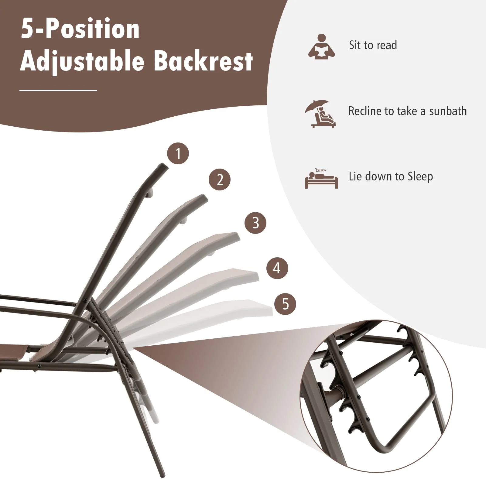 Tangkula 2 Piece Patio Adjustable Folding Stackable Chaise Lounge W/ 5-Position Backrest (Brown) - Image 5