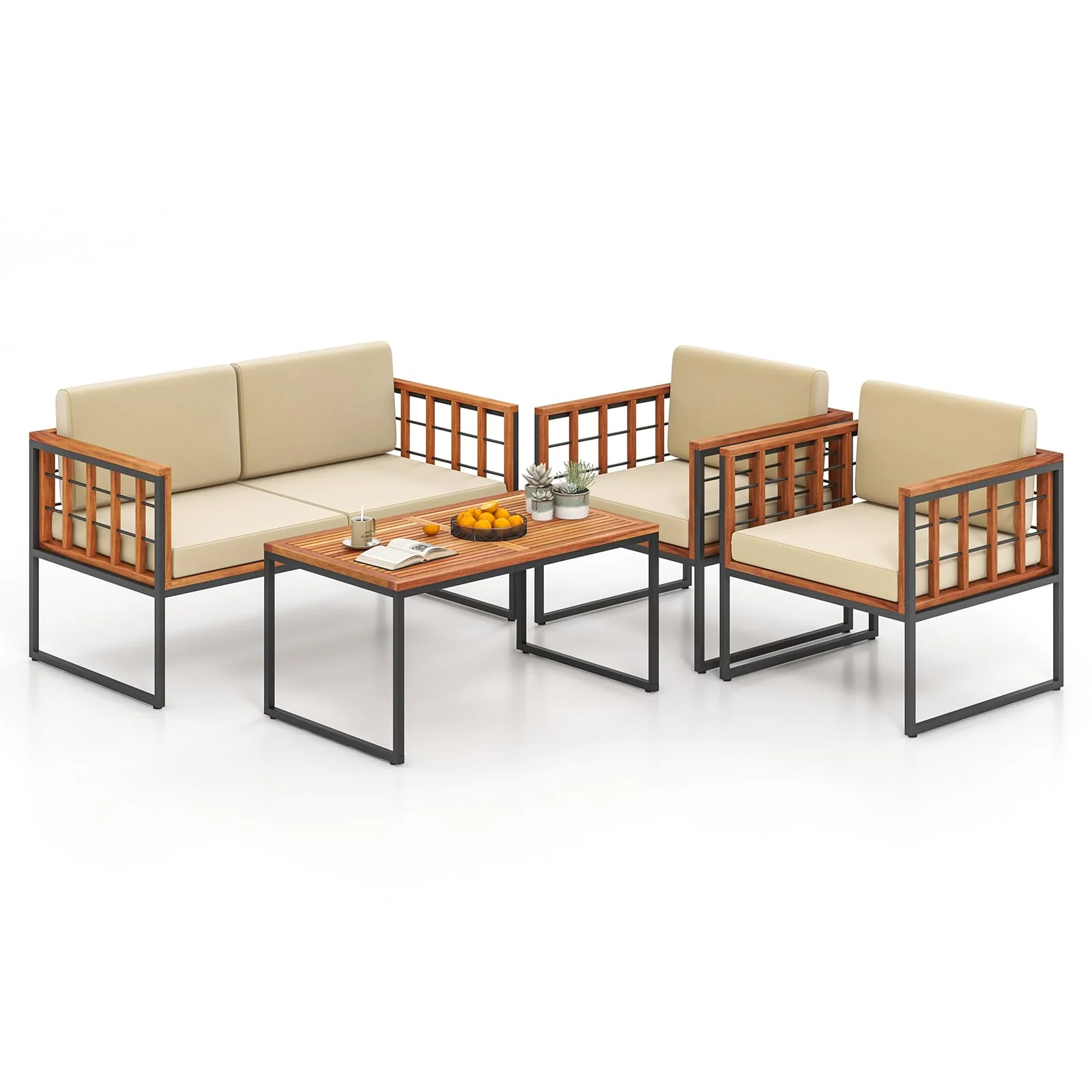 Tangkula Acacia Wood Outdoor Sofa Set, 4 Pieces Outdoor Furniture Set with Heavy Duty Metal Frame
