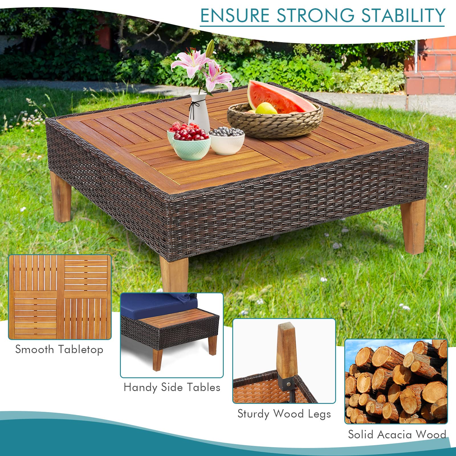 4 Pieces Acacia Wood Patio Conversation Set, Sofa Set with Coffee Table, Corner Sofa & 2 Loveseats - Image 6