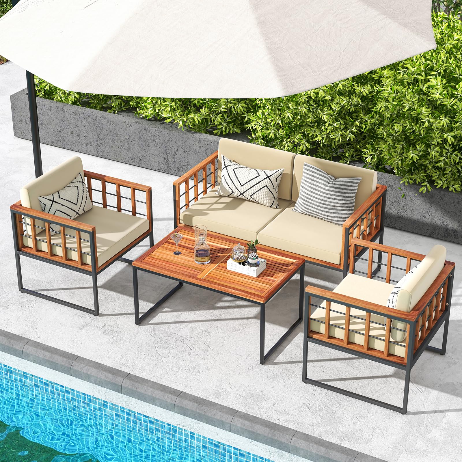 Tangkula Acacia Wood Outdoor Sofa Set, 4 Pieces Outdoor Furniture Set with Heavy Duty Metal Frame - Image 2
