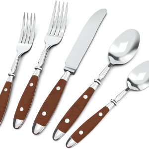 20pcs Silverware Set, Stainless Steel with Riveted Handle (Brown) vintage french bistro flatware, dishwasher safe, mirror polished, everyday use, for home,new homeowner housewarming gift,