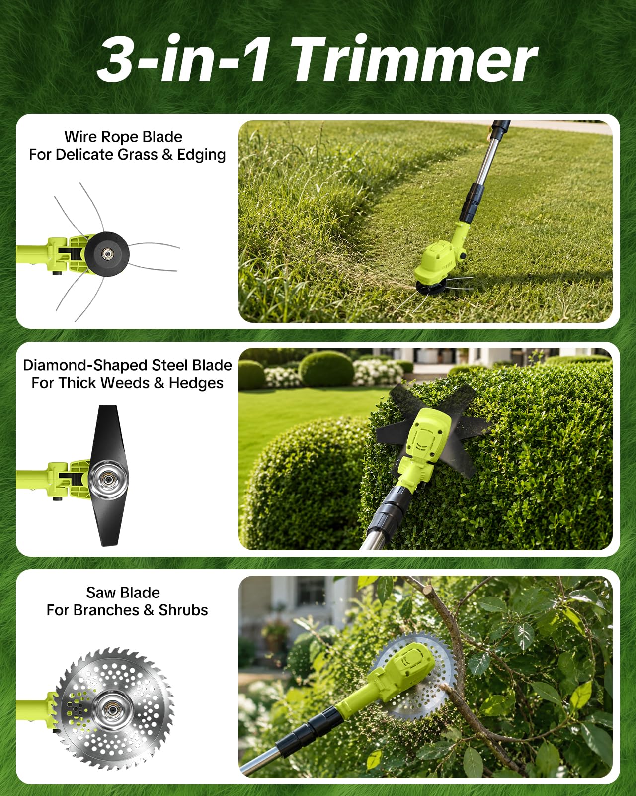 SEESE Cordless Electric Weed Wacker: 3 Different Blades for Lawn Trimming with 2×3.0Ah Batteries, Wheels, and Safety Guard, Lightweight & Ergonomic Design - Suitable for Yard & Garden - Image 4