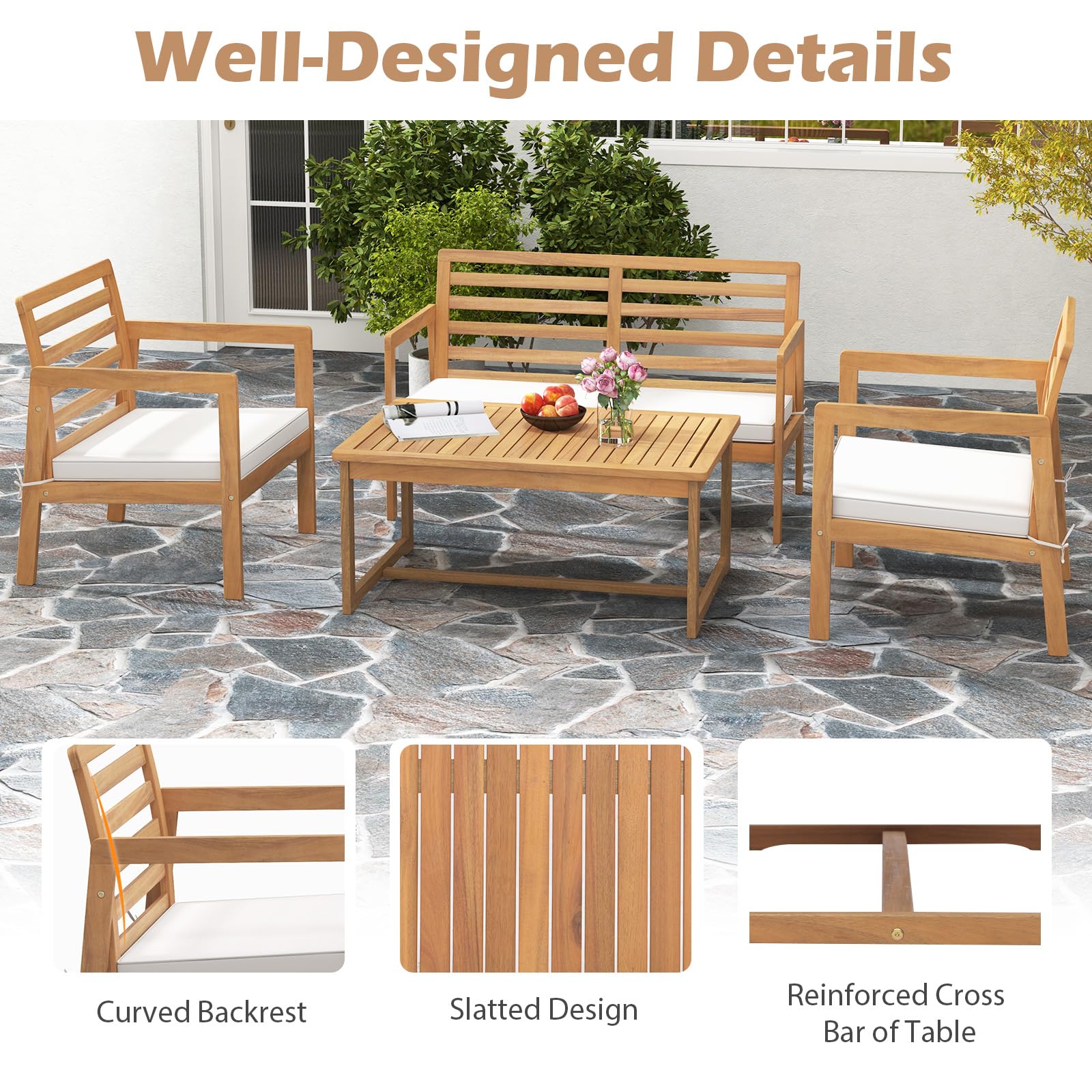 Tangkula 4 Piece Wood Patio Conversation Set, Patio Furniture Set w/Seat Cushions - Image 7