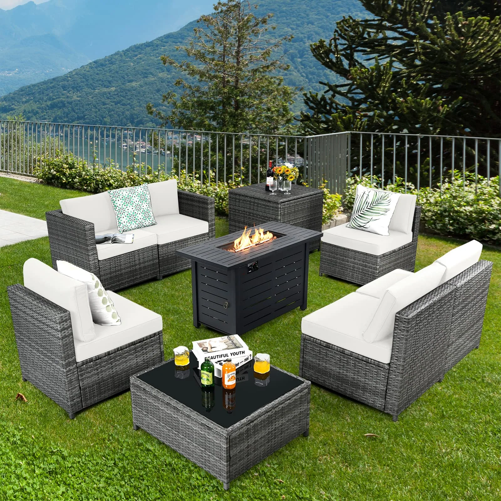 Tangkula 9 Pieces Patio Rattan Furniture Set, Patiojoy Sectional Sofa Set w/Storage Box, Coffee Table, Outdoor Wicker Conversation Set - Image 13