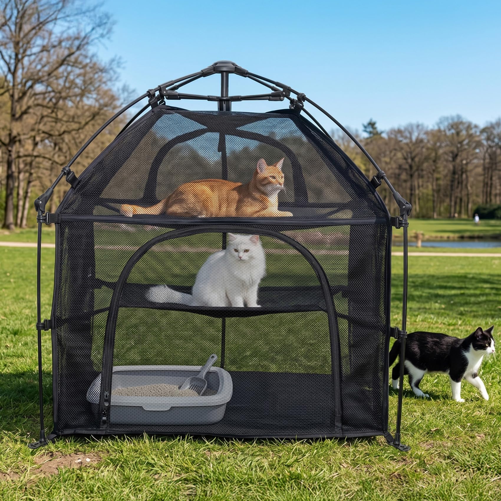 Catio Outdoor Cat Enclosure Pop up Cat Tower Tent(Square, L) Cat Playpen w/Breathable Mesh Portable Catio Kitten Pet Animal Play Pen Indoor Enclosed Kitty Patio Balcony Camping