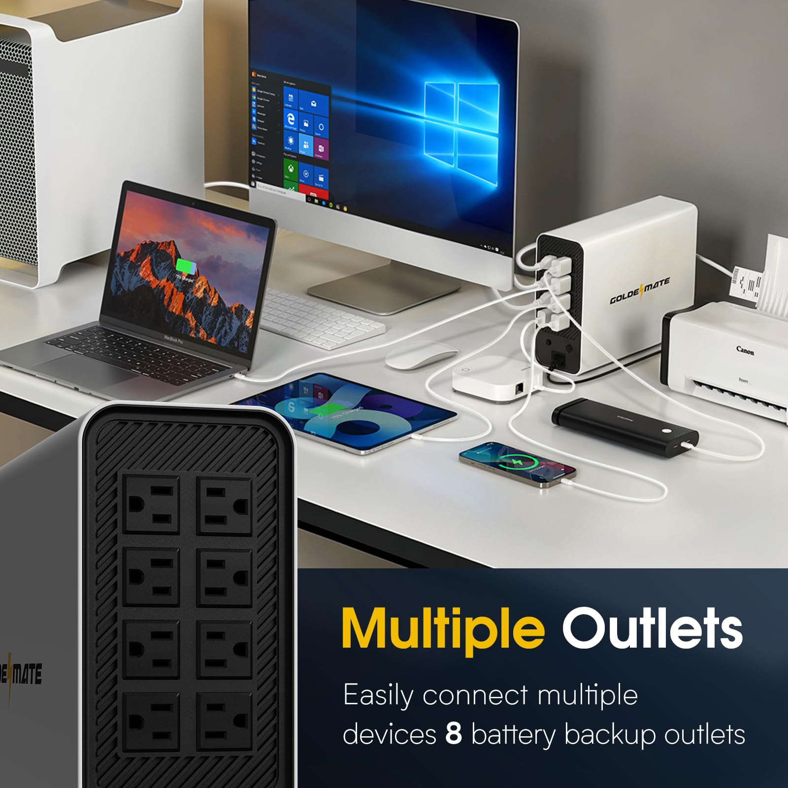 GOLDENMATE 1000VA/800W Lithium UPS Battery Backup & Surge Protector, White Pure Sine Wave, 8 Outlets, Color LCD, 230Wh LiFePO4 Backup Battery, Uninterruptible Power Supply for PC/Internet/Home Office - Image 3