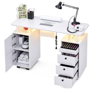 Nail Desk for Nail Tech w/Electric Dust Collector, Rolling Manicure Table w/Lockable Wheels, Storage Drawers, Wrist Cushion, Acetone Resistant, for Nail Beauty Salon Workstation (White)
