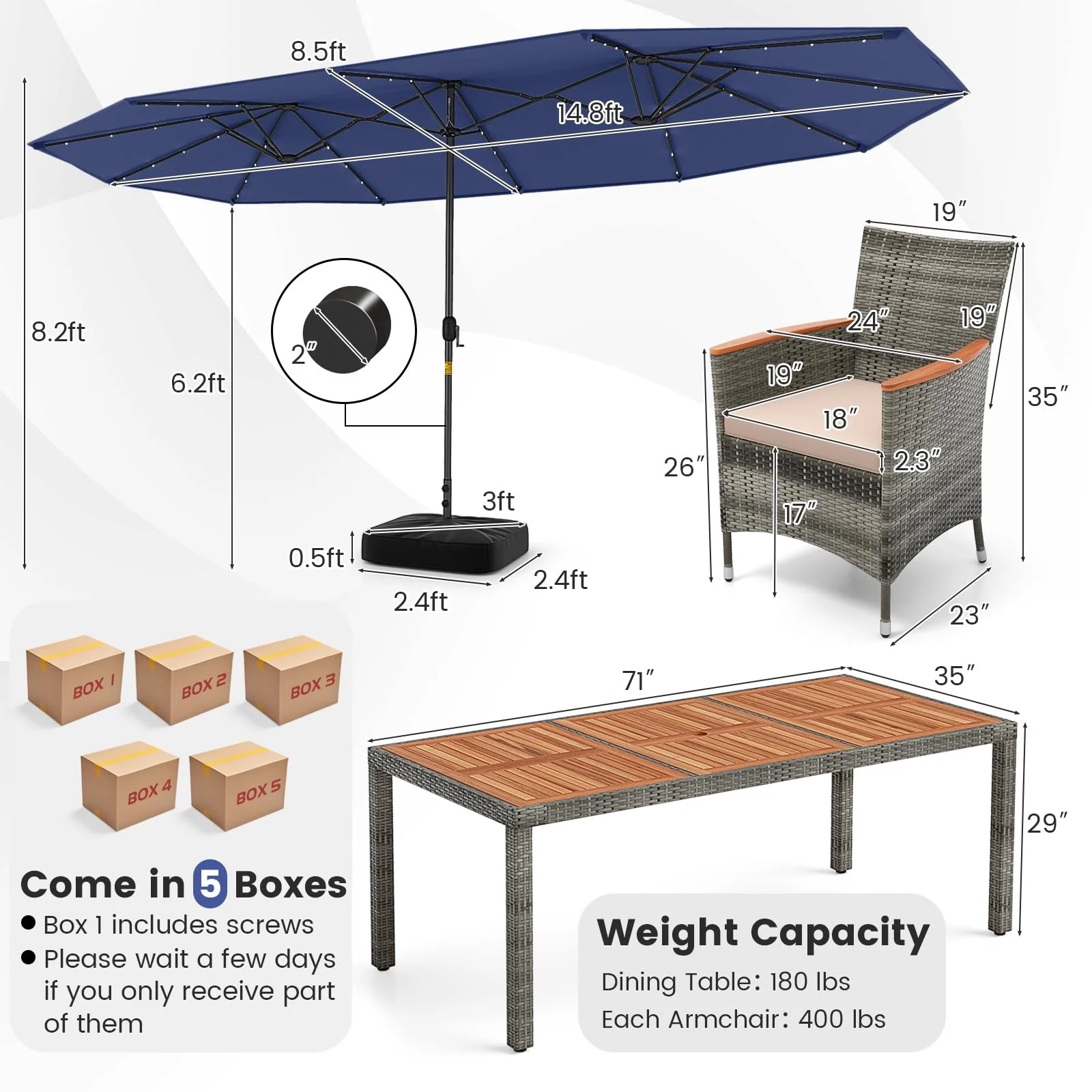 Tangkula 11 Pieces Patio Dining Set with 15 ft Double-Sided Patio LED Umbrella (Base Included) - Image 7