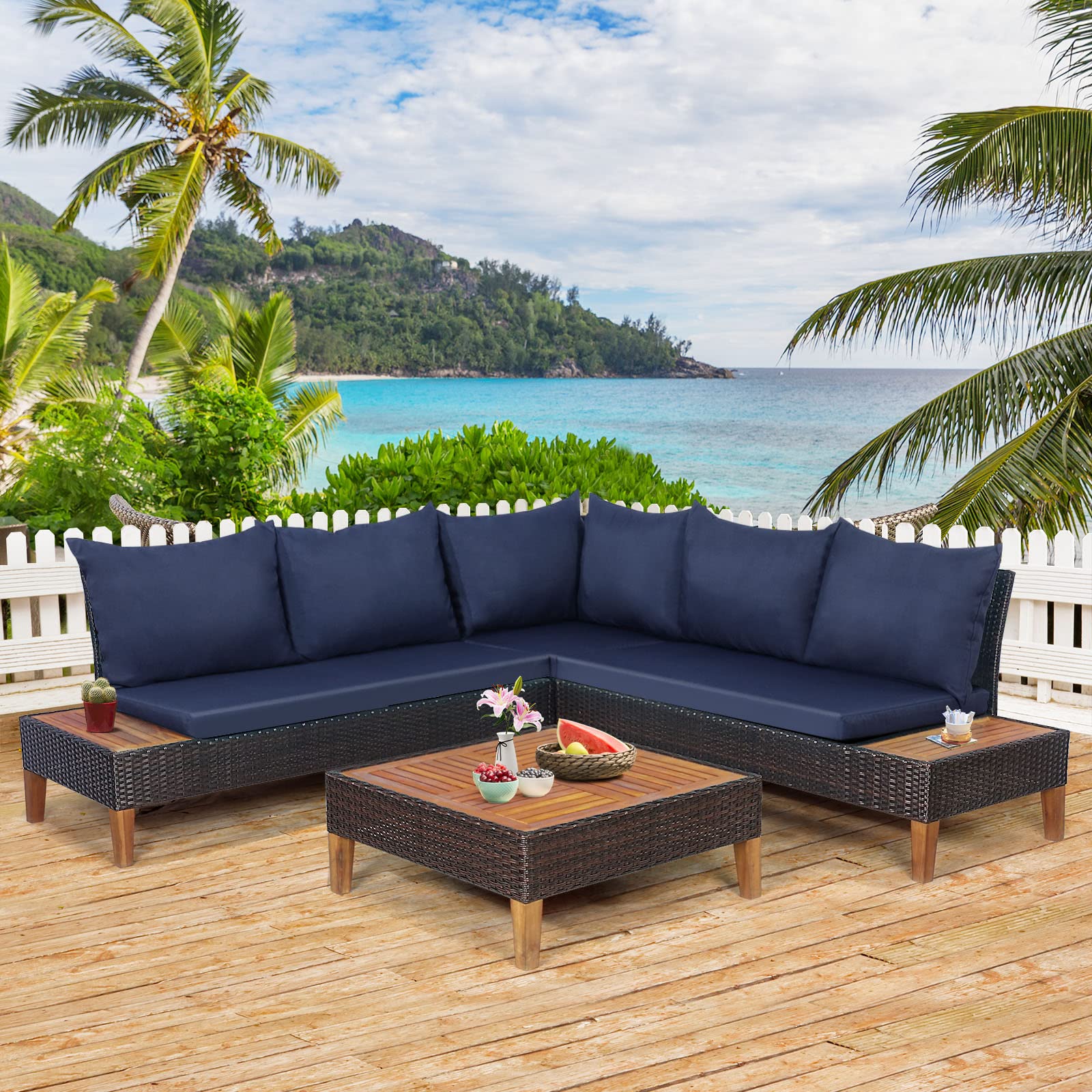 4 Pieces Acacia Wood Patio Conversation Set, Sofa Set with Coffee Table, Corner Sofa & 2 Loveseats - Image 2