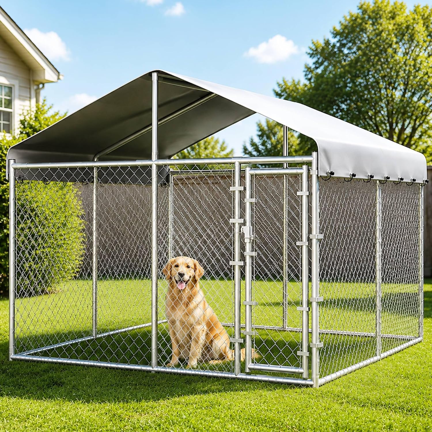 Extra Large Outdoor Dog Kennel, 10x10x6.56ft Anti-Rust Dog Kennel Outside with Roof, Galvanized Chain Link Dog Runs for Outside with Secure Lock