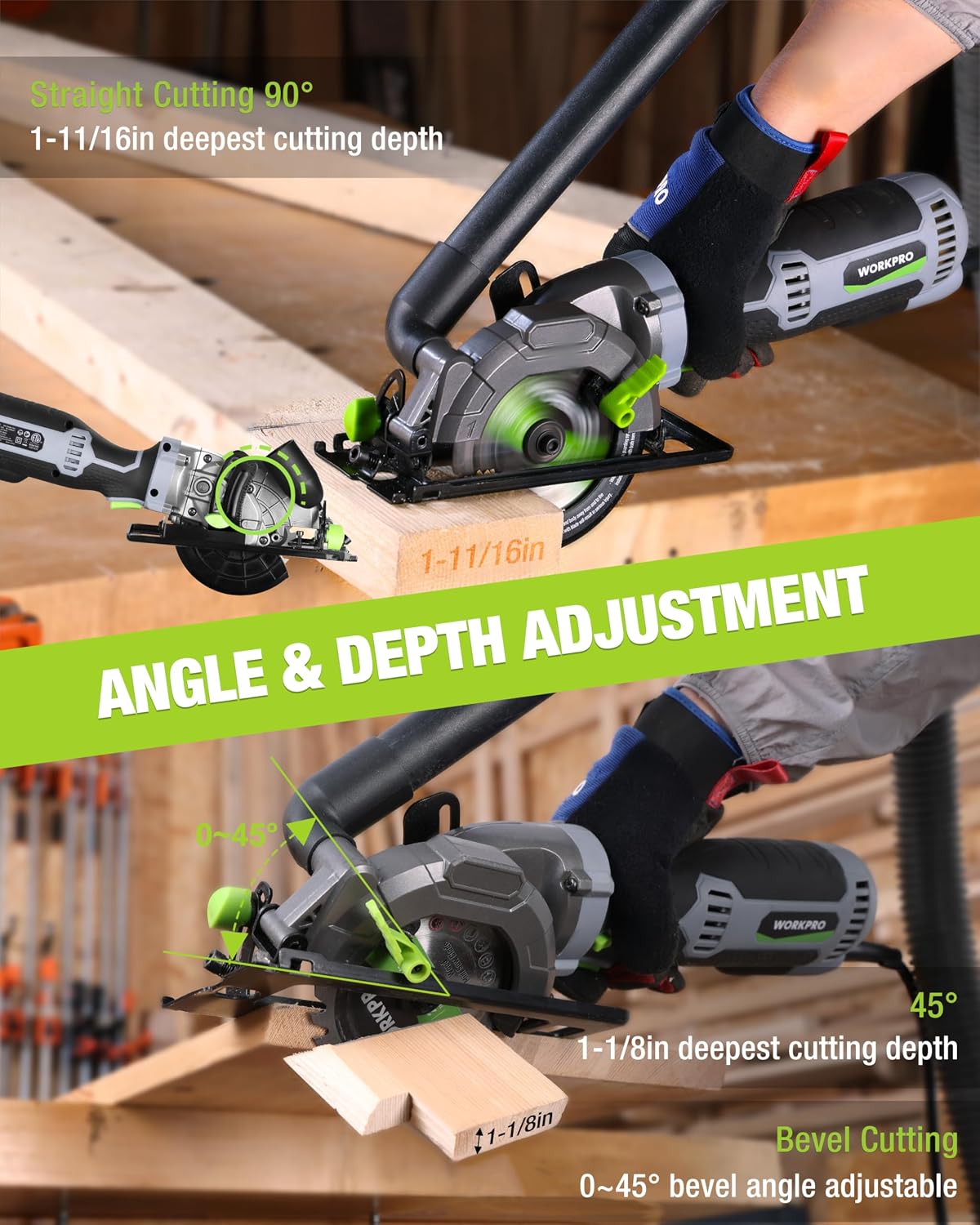 WORKPRO 5.8Amp 3500RPM Circular Saw with Parallel Guide, Maximum Cutting Depth 1-11/16"(90°),1-1/8"(45°), Compact Circular Saw with Three 4-1/2" Blades for Wood, PVC, Tile, Cement Block - Image 3