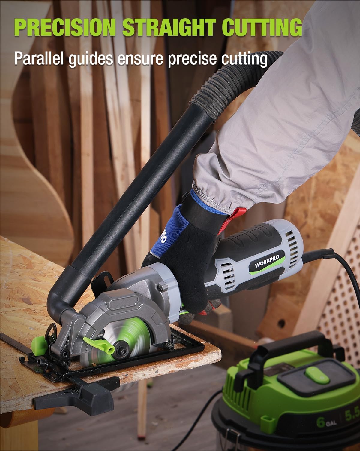 WORKPRO 5.8Amp 3500RPM Circular Saw with Parallel Guide, Maximum Cutting Depth 1-11/16"(90°),1-1/8"(45°), Compact Circular Saw with Three 4-1/2" Blades for Wood, PVC, Tile, Cement Block - Image 4