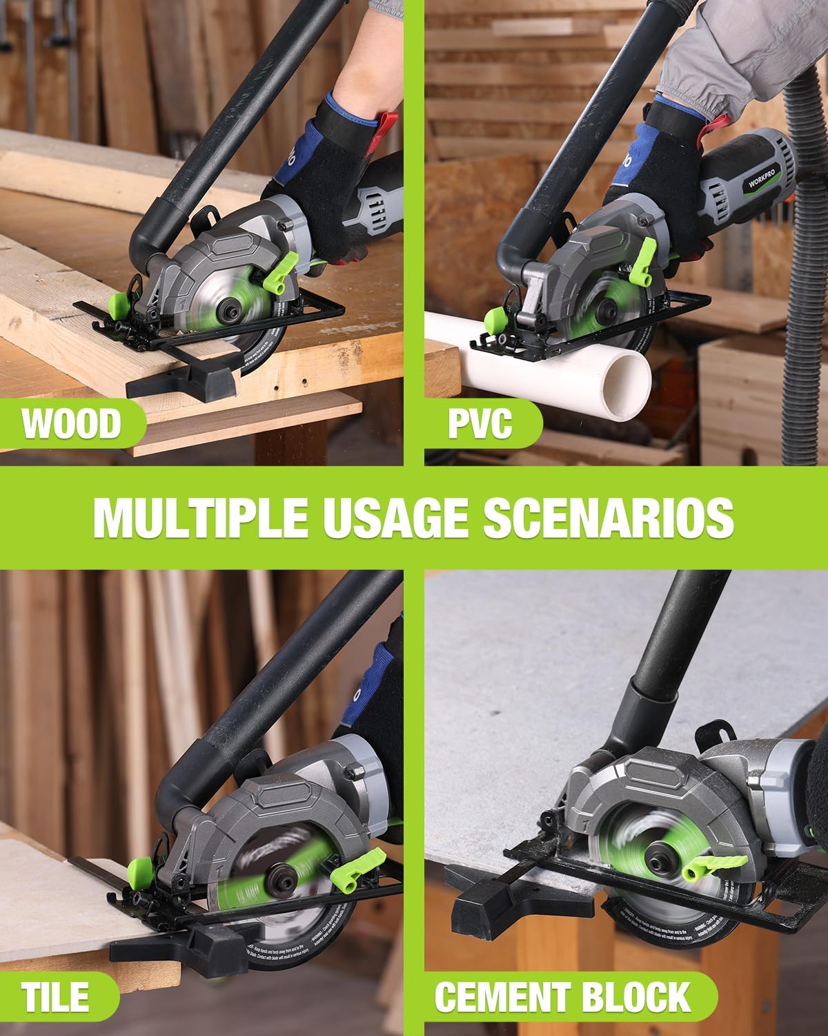 WORKPRO 5.8Amp 3500RPM Circular Saw with Parallel Guide, Maximum Cutting Depth 1-11/16"(90°),1-1/8"(45°), Compact Circular Saw with Three 4-1/2" Blades for Wood, PVC, Tile, Cement Block - Image 5