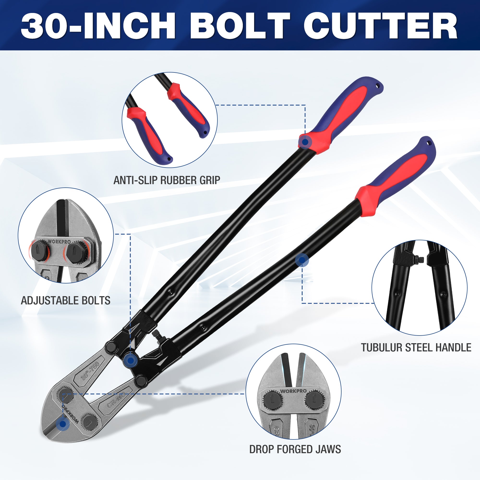 WORKPRO W017007A Bolt Cutter, Bi-Material Handle with Soft Rubber Grip, 30", Chrome Molybdenum Steel Blade - Image 2
