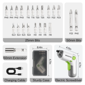 WORKPRO 3.6V White Cordless Screwdriver Set, Cordless & Rechargeable with Driver Bit Set and Sturdy Case，25PCS Drill/Driver Accessories