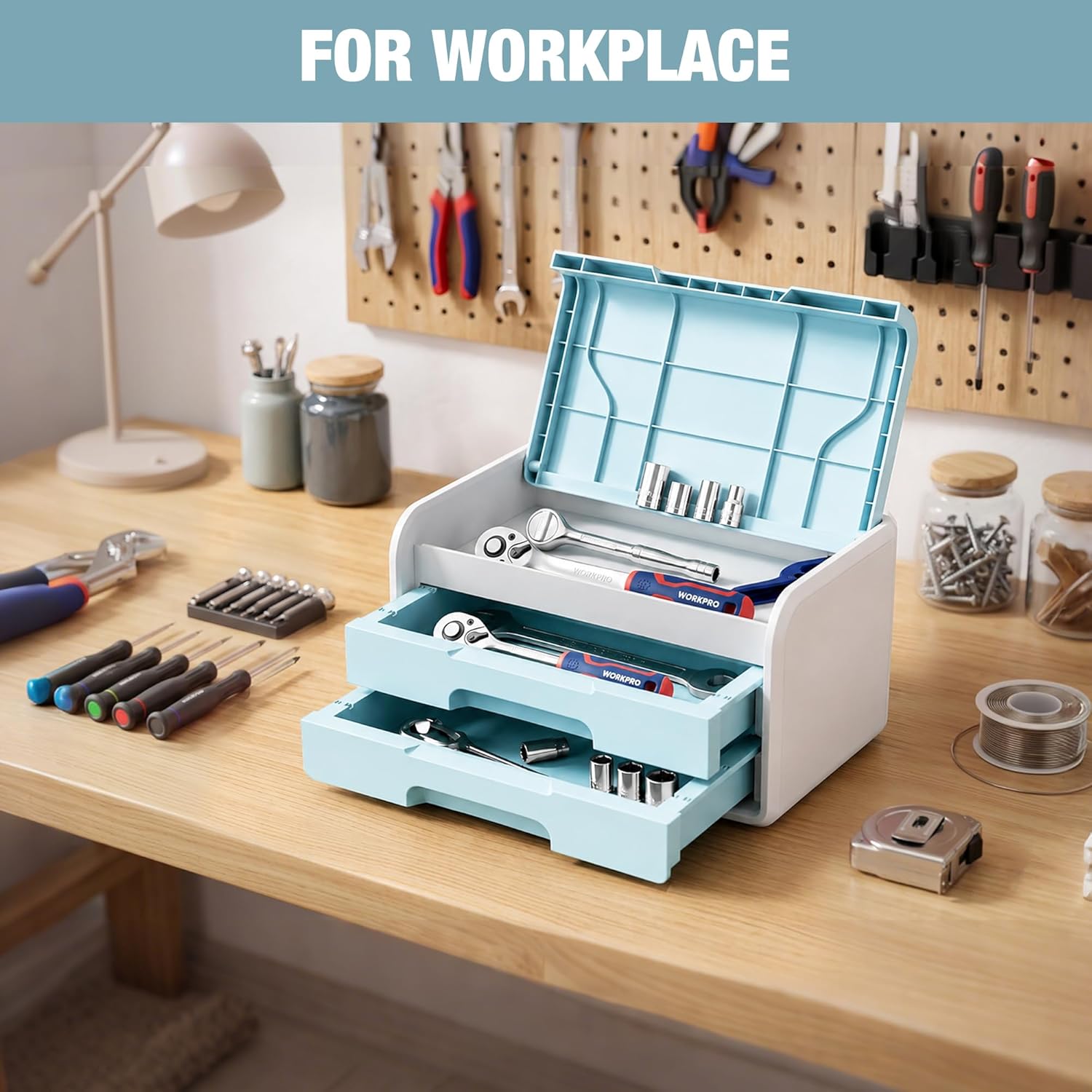 WORKPRO Mini Plastic Tool Box with 2-Drawer, Macaron Blue and White - Image 5