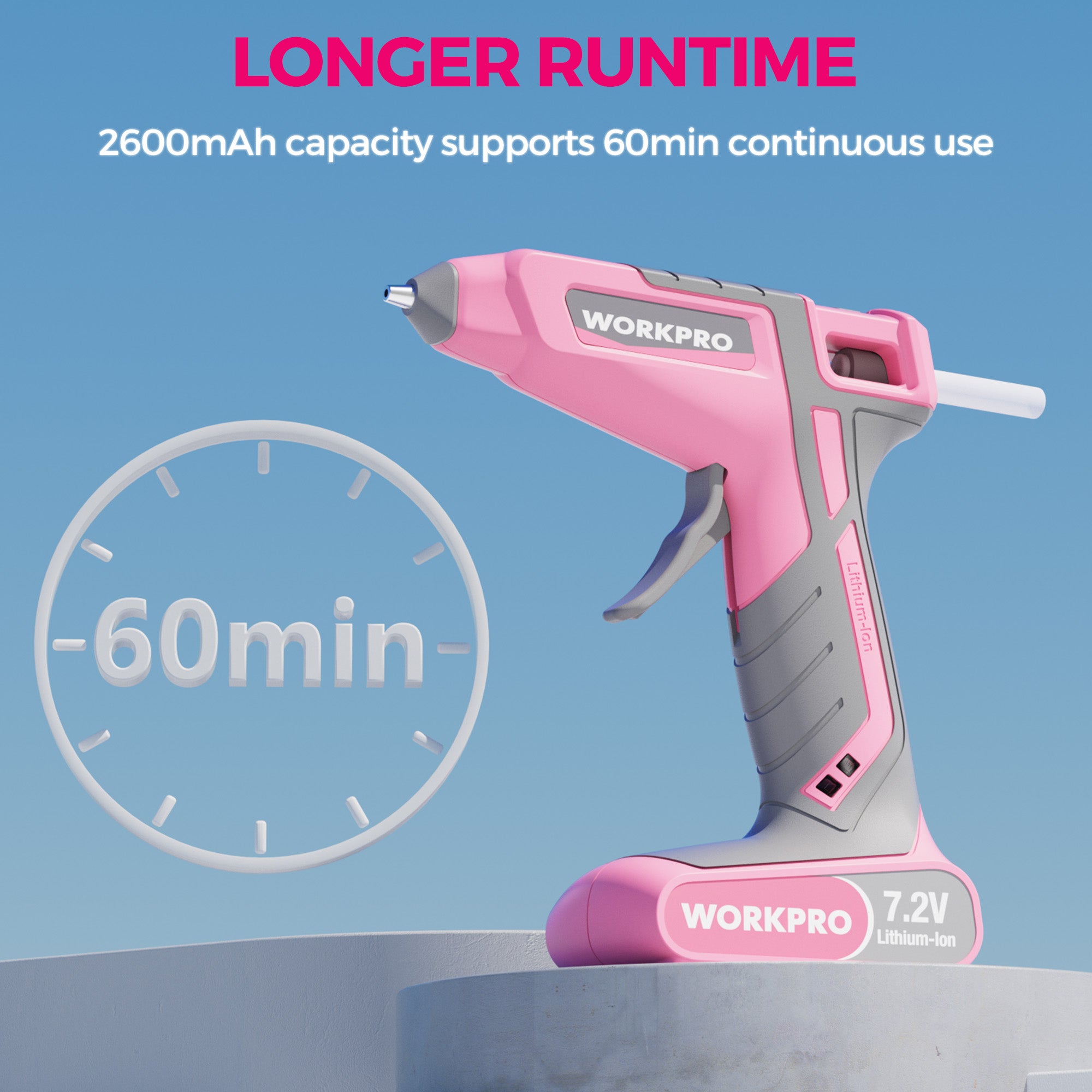 WORKPRO Pink Cordless Hot Melt Glue Gun, 7.2V Rechargeable Fast Preheating Glue Gun Kit with 20 Pc Premium Mini Glue Stick, Automatic-Power-Off Hot Glue Gun for Art, Craft, Decoration - Pink Ribbon - Image 5