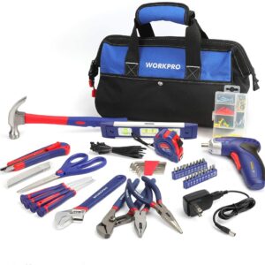 WORKPRO 125-Piece Household Tool Kit &ndash; 3.6V Rechargeable Screwdriver & Home Repair Basic Tool Set with 13-inch Easy Carrying Tools Bag, 125 Pcs