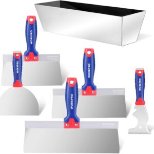 WORKPRO Drywall Tools, Stainless Steel Putty Knife Taping Knife 8 in 1 Painting Scraper with Mud Pan, Spackle Knife Set for Drywall Repairing, Paint Scraping and Wallpaper Removing