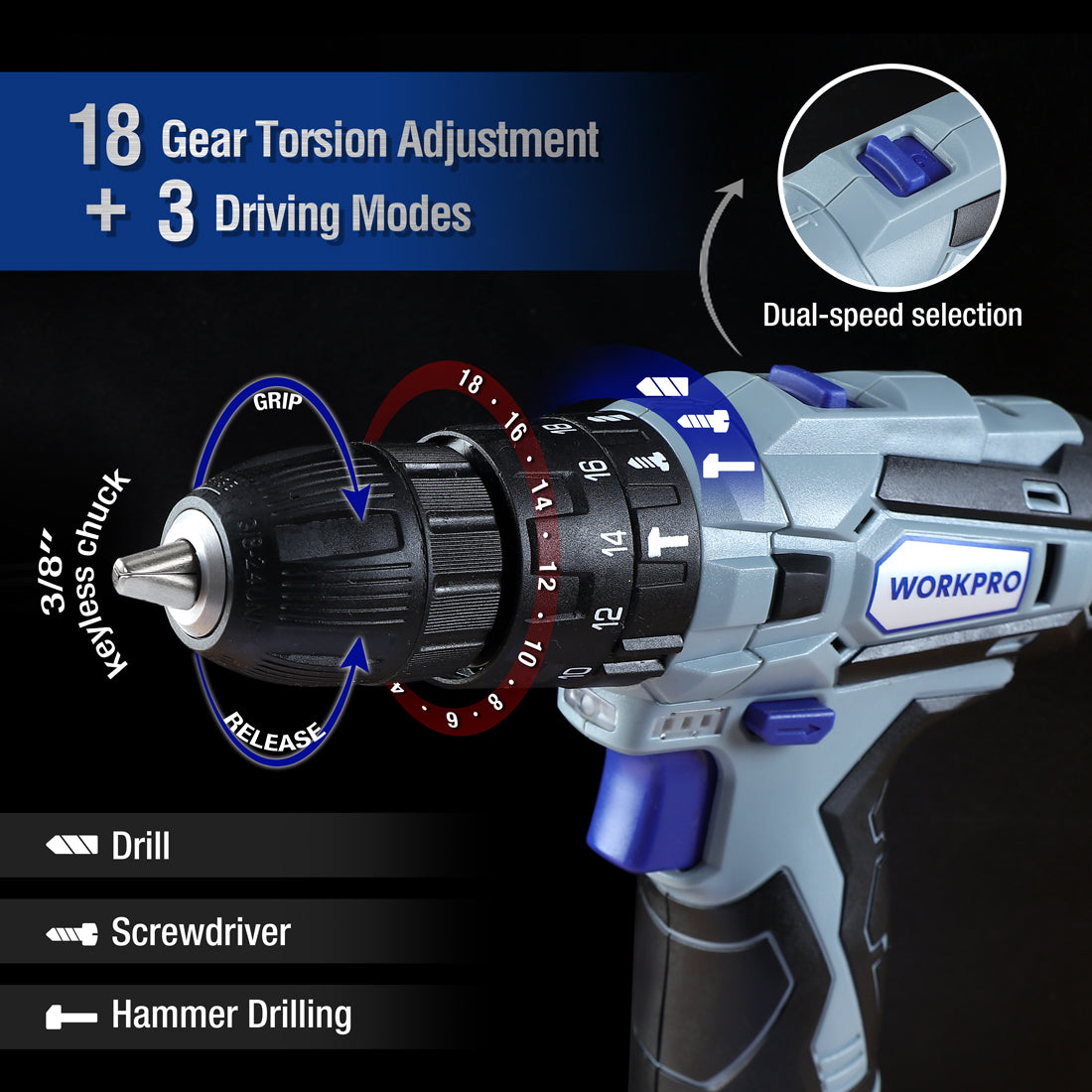 WORKPRO 12V Cordless Drill, Power Tool Set for Home, 177 Pieces Combo Kit with 14-inch Storage Bag and 2000mAh Lithium-Ion Battery & Charger - Image 3