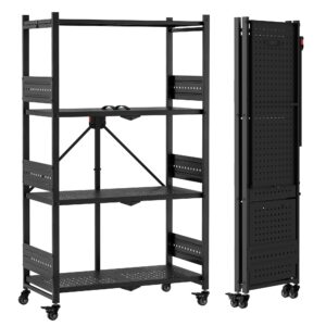 WORKPRO 4-Tier Folding Shelf, No-Assembly Metal Storage Rack with Wheels, 600 lbs Capacity (with Leveling Feet), Collapsible Shelving Unit for Kitchen, Pantry, Bathroom & Closet Organization