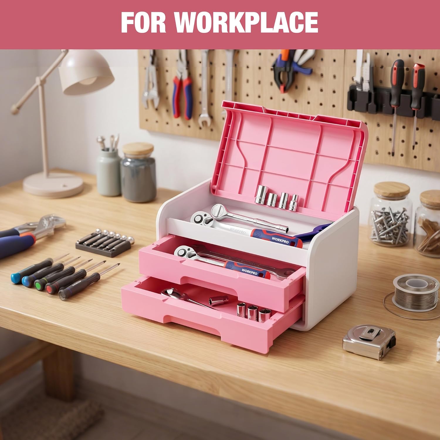WORKPRO Mini Plastic Tool Box with 2-Drawer, Pink and White - Image 5