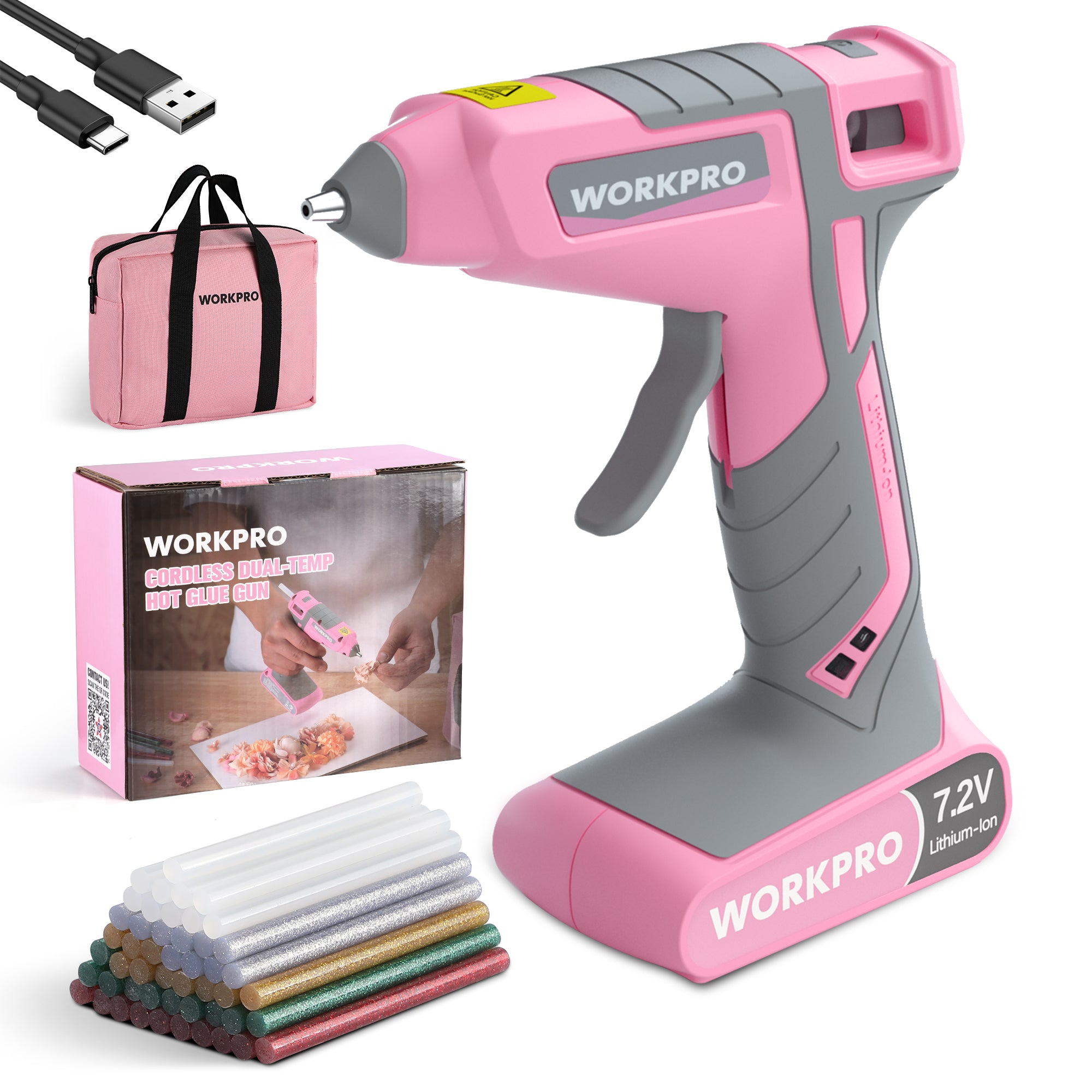 WORKPRO Cordless Hot Glue Gun Kit, 30s Fast Heat, 7.2V Dual Temp, 2600mAh Battery, 50 Glue Sticks, USB-C Charging & Storage Bag - Pink Ribbon