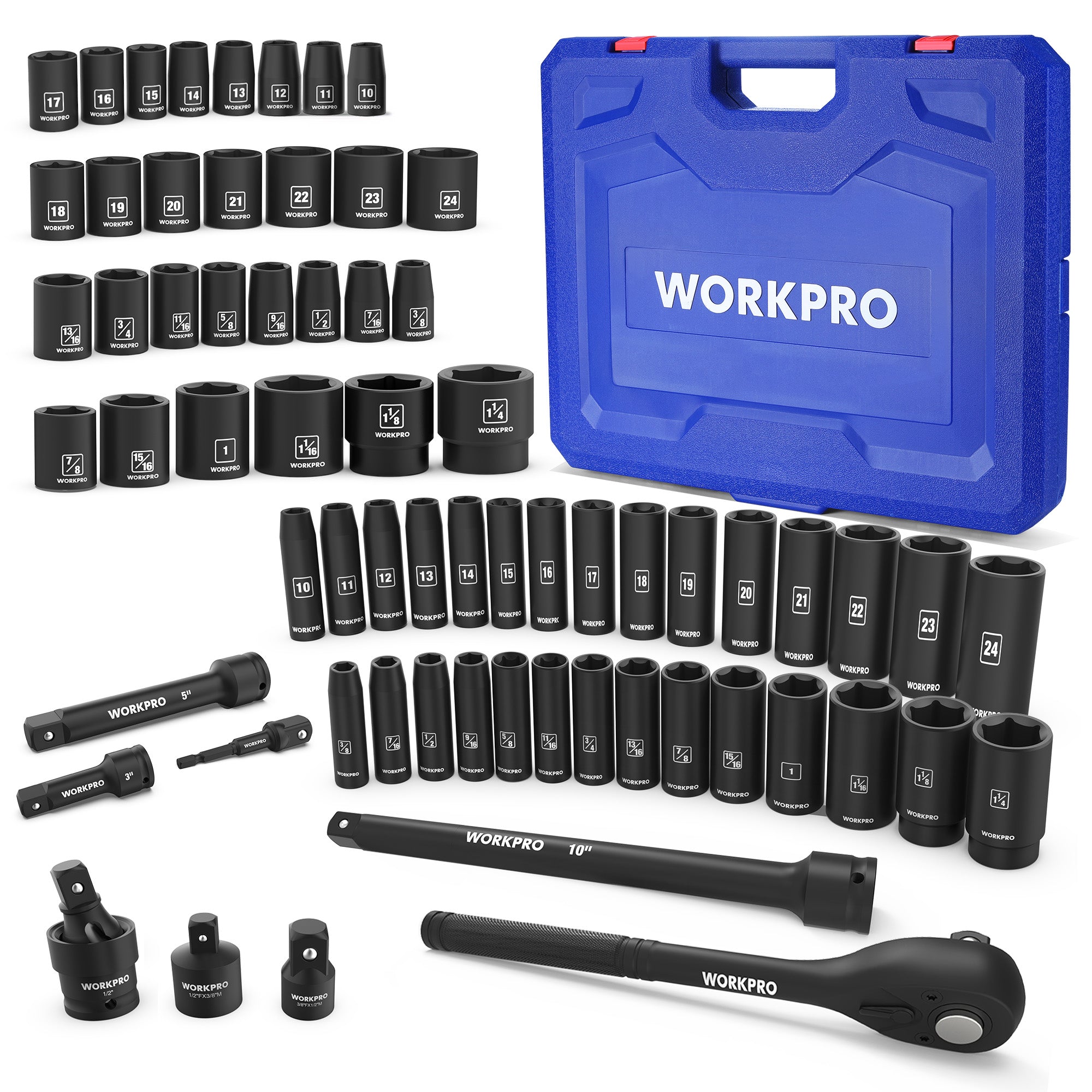WORKPRO 65PCS 1/2” Drive Impact Socket Set, SAE&Metric Deep & Shallow Kit - Image 2