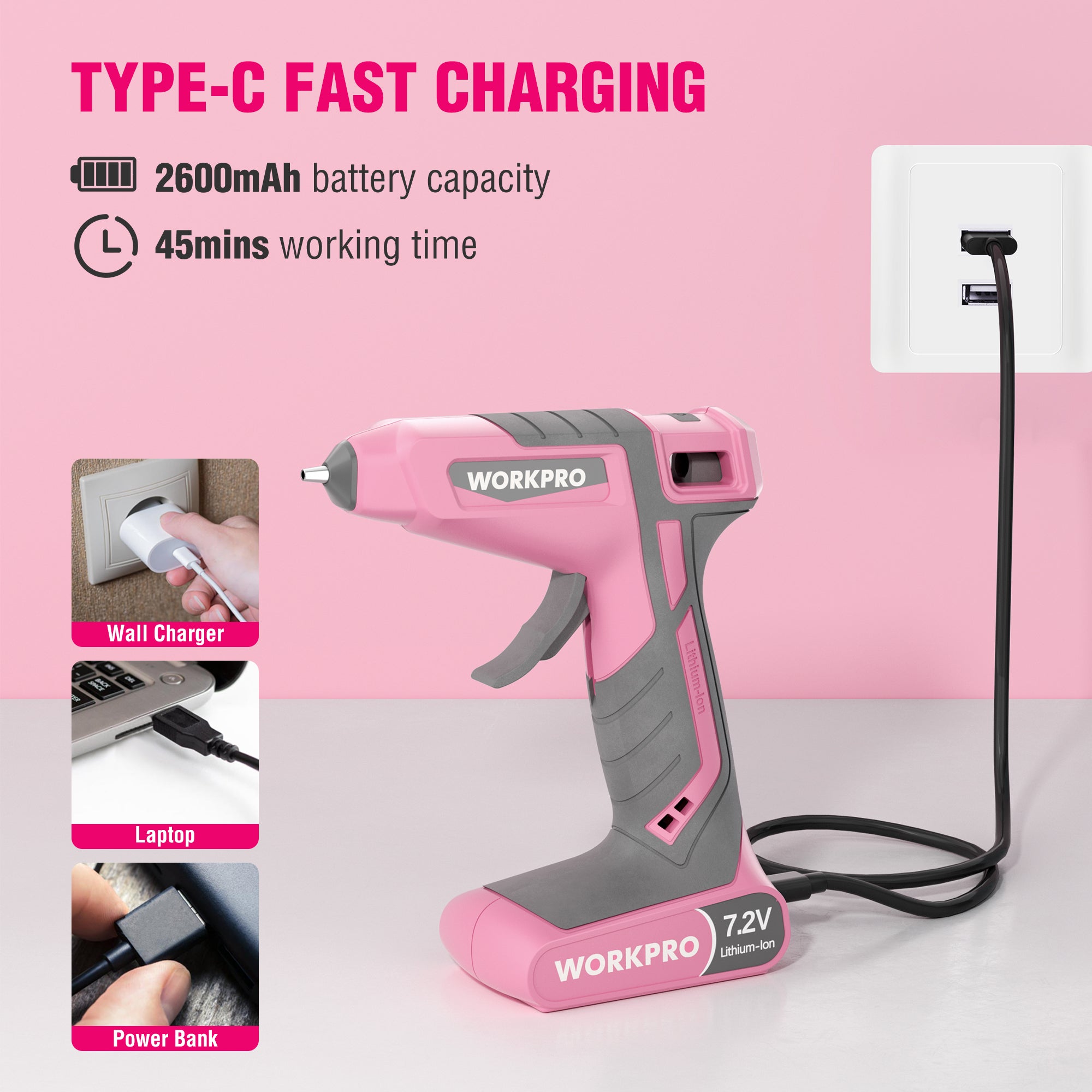 WORKPRO Cordless Hot Glue Gun Kit, 30s Fast Heat, 7.2V Dual Temp, 2600mAh Battery, 50 Glue Sticks, USB-C Charging & Storage Bag - Pink Ribbon - Image 5