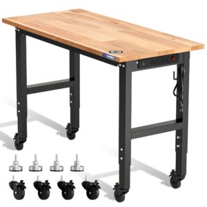 WORKPRO 48"&times;22" Adjustable Rubber Wood Top Workbench with Casters, Leveling Foot and Power Outlets, 1500 LBS Load Capacity