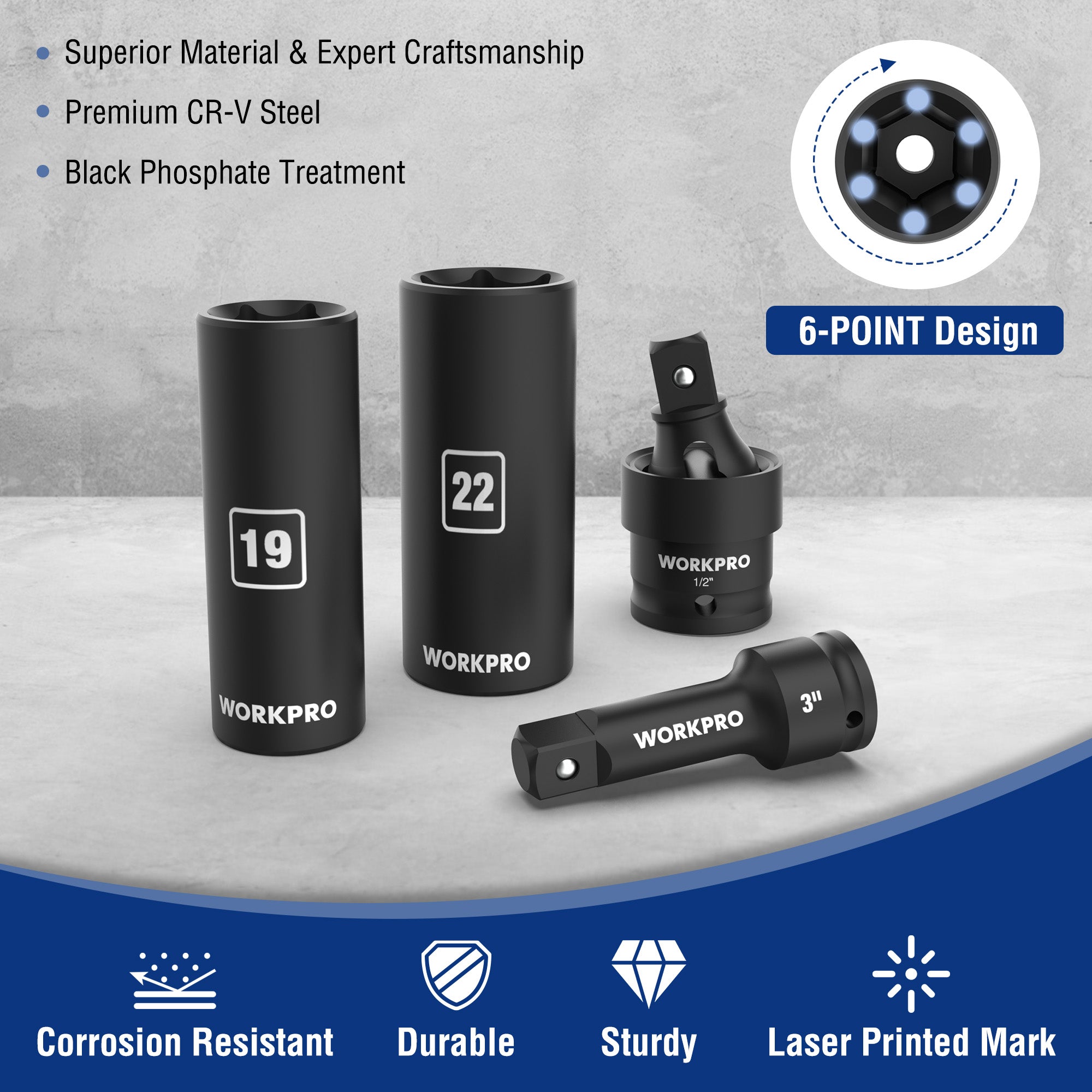 WORKPRO 65PCS 1/2” Drive Impact Socket Set, SAE&Metric Deep & Shallow Kit - Image 6