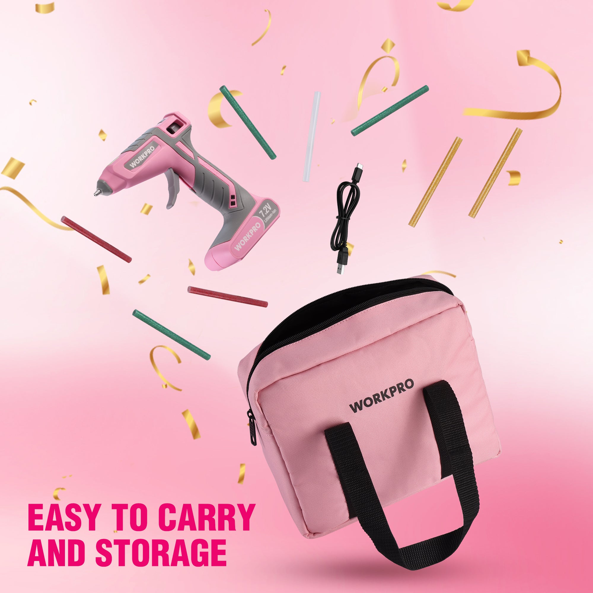 WORKPRO Cordless Hot Glue Gun Kit, 30s Fast Heat, 7.2V Dual Temp, 2600mAh Battery, 50 Glue Sticks, USB-C Charging & Storage Bag - Pink Ribbon - Image 6