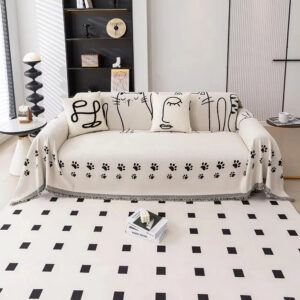 Sofa Cover Chenille Cat Paw Print Tassel Edge