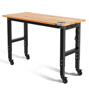 WORKPRO 48"&times;22" Adjustable Heavy-Duty Rubber Wood Top Workbench with Casters and Power Outlets, 1000 LBS Stationary Load Capacity