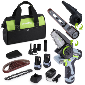 WORKPRO Cordless Detail Belt Sander, Mini Chain Saw, Electric Blower, 3-in-1 Power Tool Combo Kit