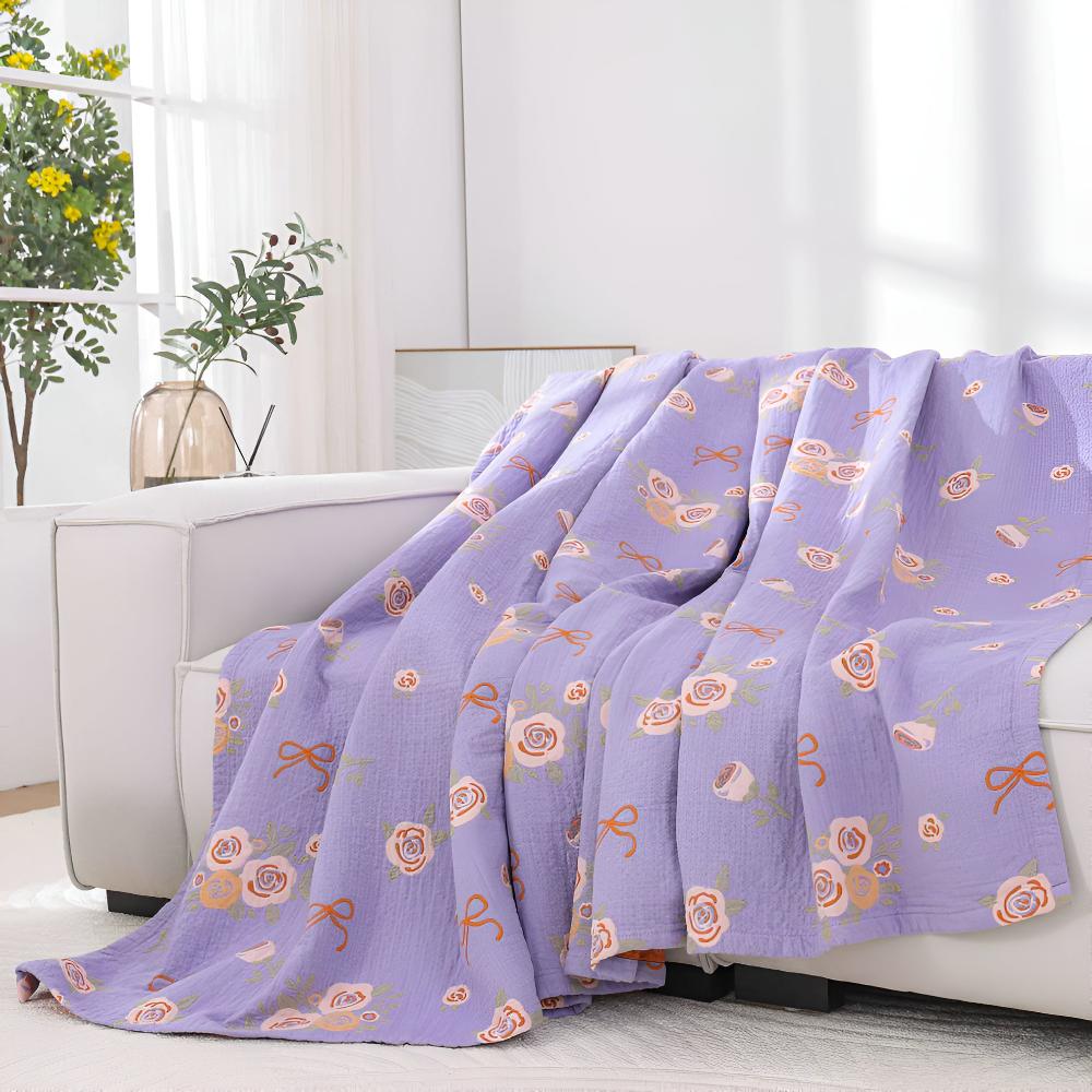 Cotton Gauze Blanket Lightweight Reversible Bow-Knot & Rose Motifs - Image 7