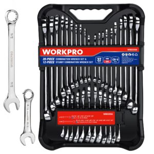 WORKPRO 32 Pcs SAE & Metric Combination 12 PT Regular and Stubby Wrench Set