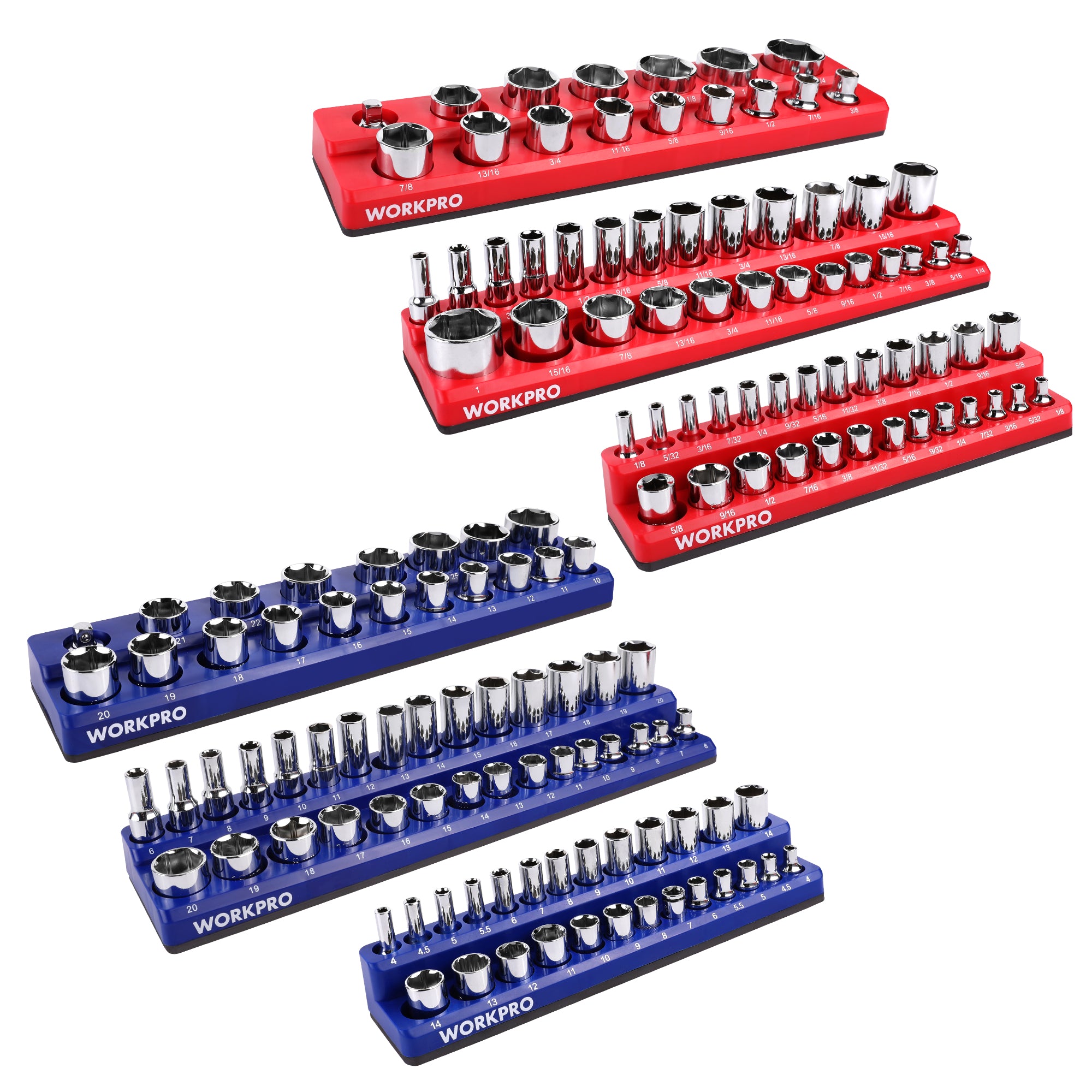 WORKPRO Magnetic Receptacle Organizer Set of 6 Includes 1/4", 3/8", 1/2" Drive Metric SAE Receptacle Tray, Holds 141 Standard Sizes