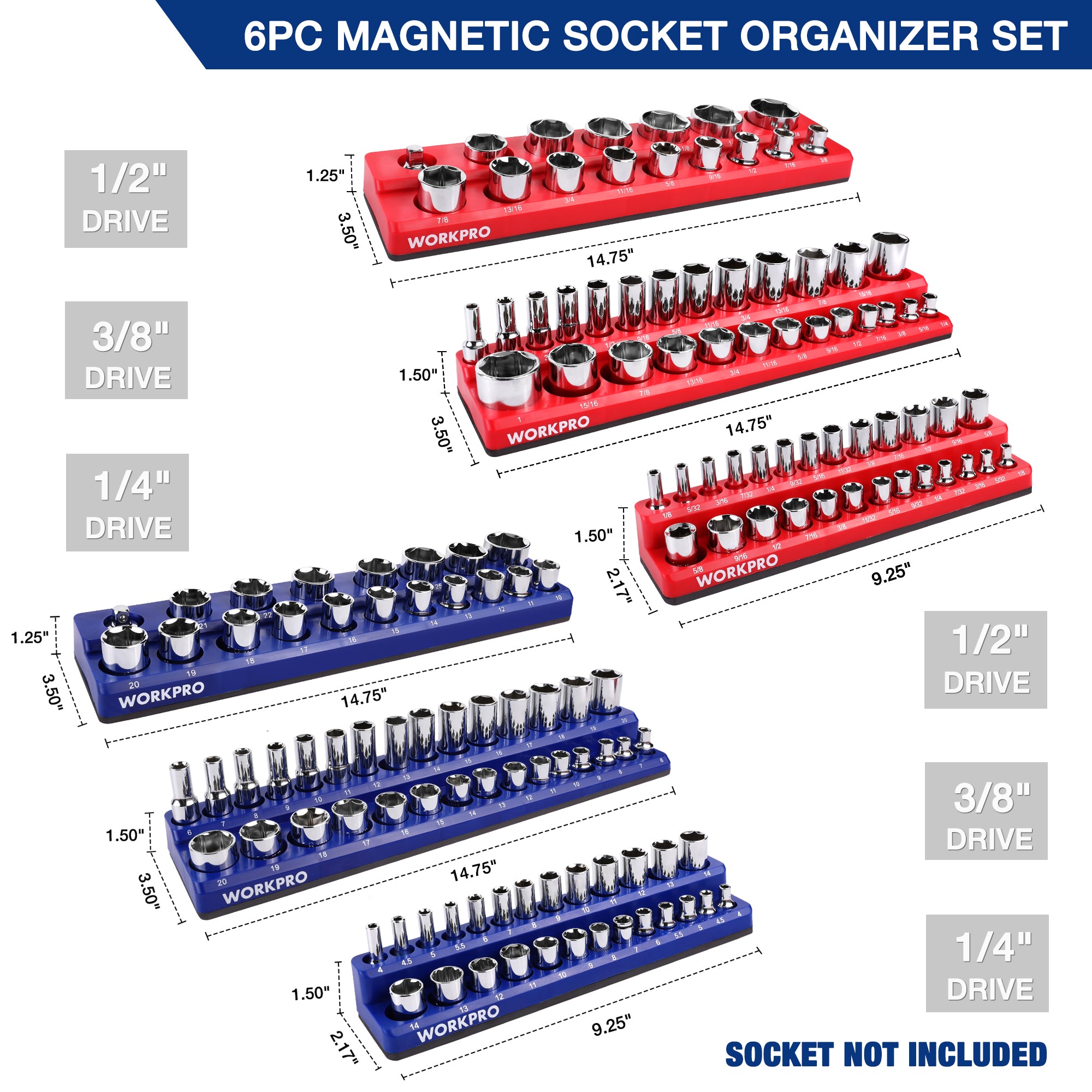 WORKPRO Magnetic Receptacle Organizer Set of 6 Includes 1/4", 3/8", 1/2" Drive Metric SAE Receptacle Tray, Holds 141 Standard Sizes - Image 2