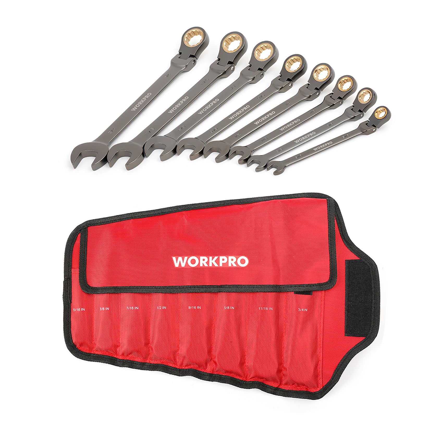 WORKPRO 8 Pcs Flex-Head Ratcheting Combination Wrench Set with Organizer Bag, SAE - Image 2