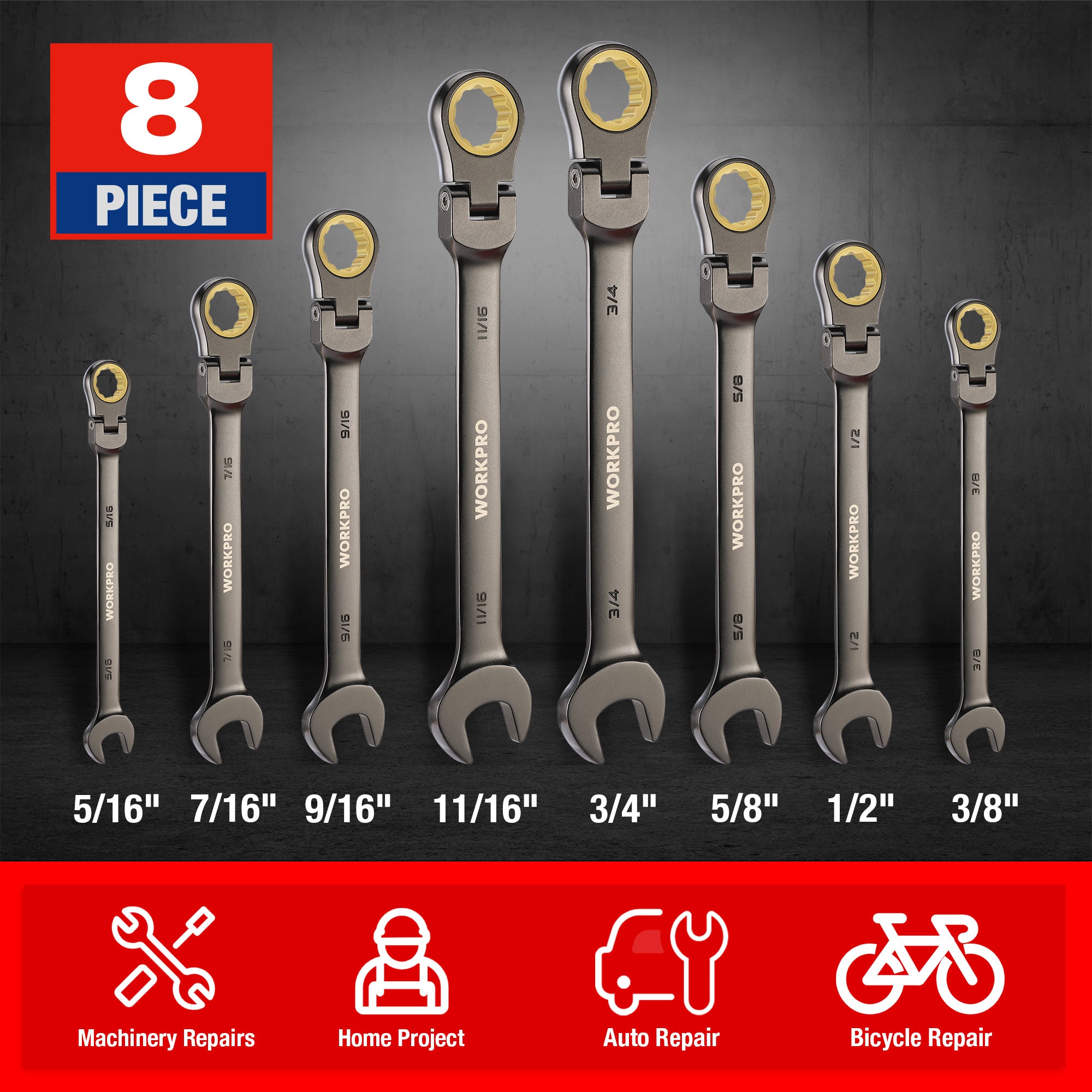 WORKPRO 8 Pcs Flex-Head Ratcheting Combination Wrench Set with Organizer Bag, SAE - Image 3