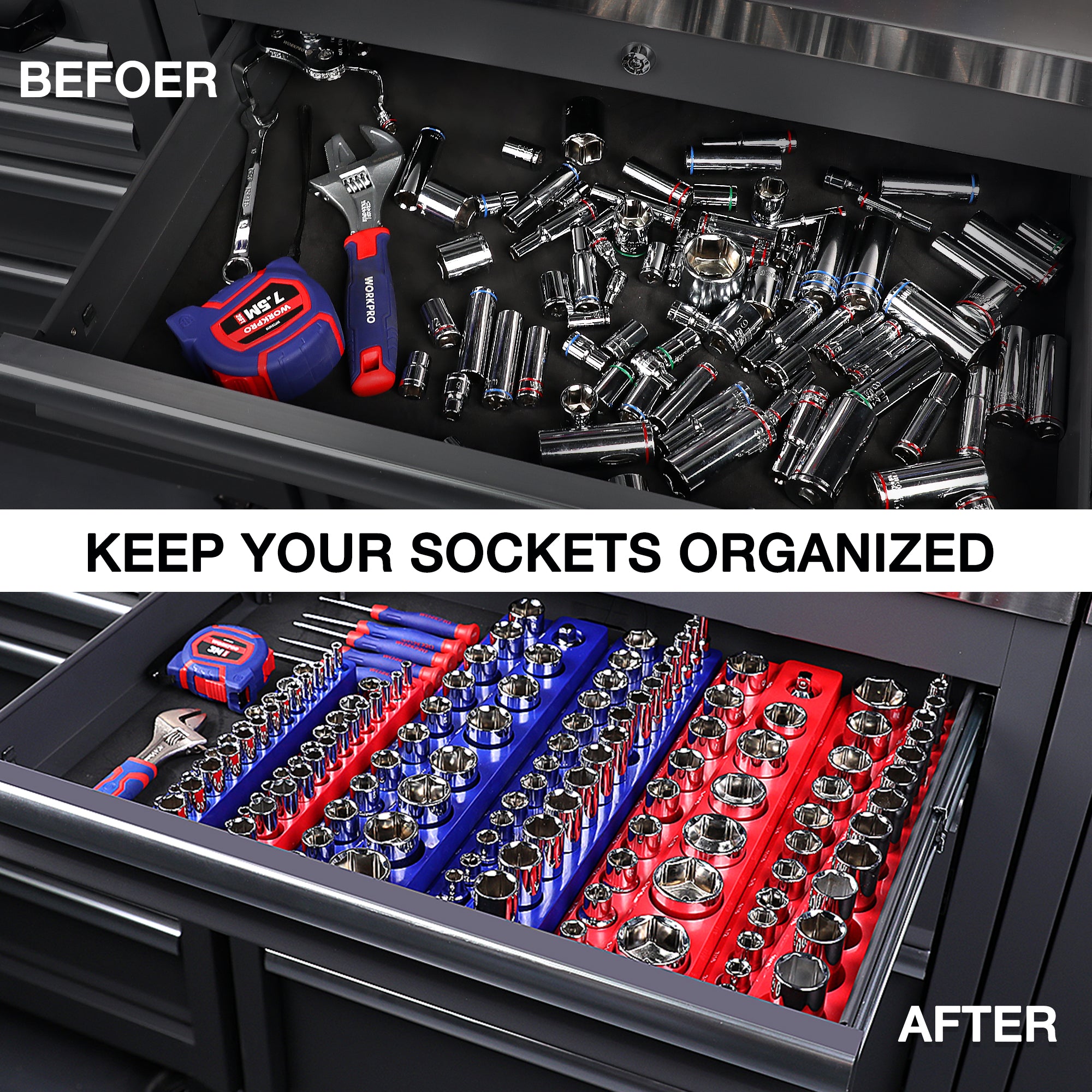 WORKPRO Magnetic Receptacle Organizer Set of 6 Includes 1/4", 3/8", 1/2" Drive Metric SAE Receptacle Tray, Holds 141 Standard Sizes - Image 6
