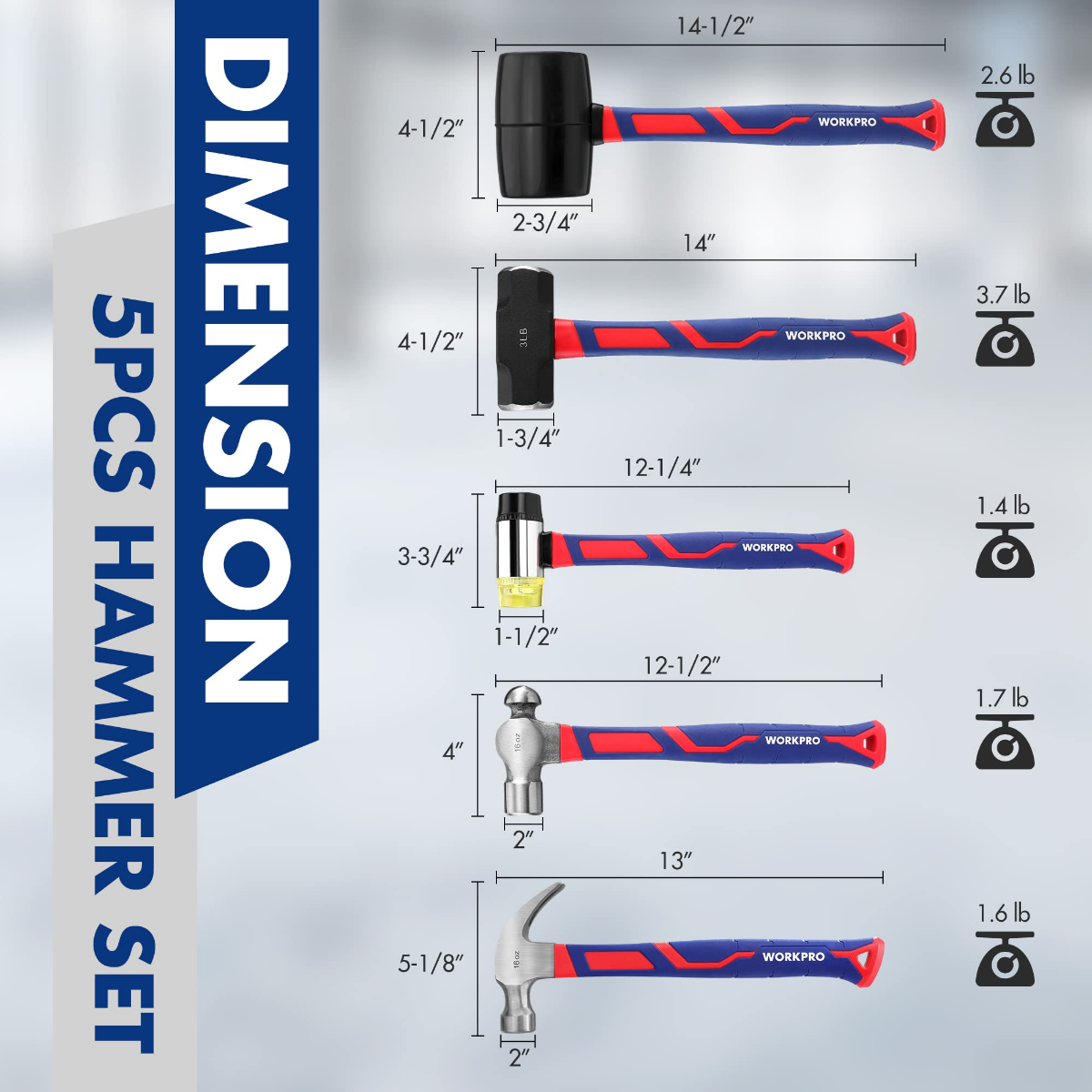 WORKPRO 5 Pcs Hammer Set - Image 2