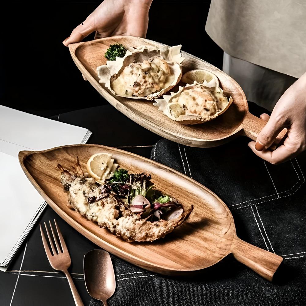 Serving Plate Leaf-Shaped Natural Wood - Image 3