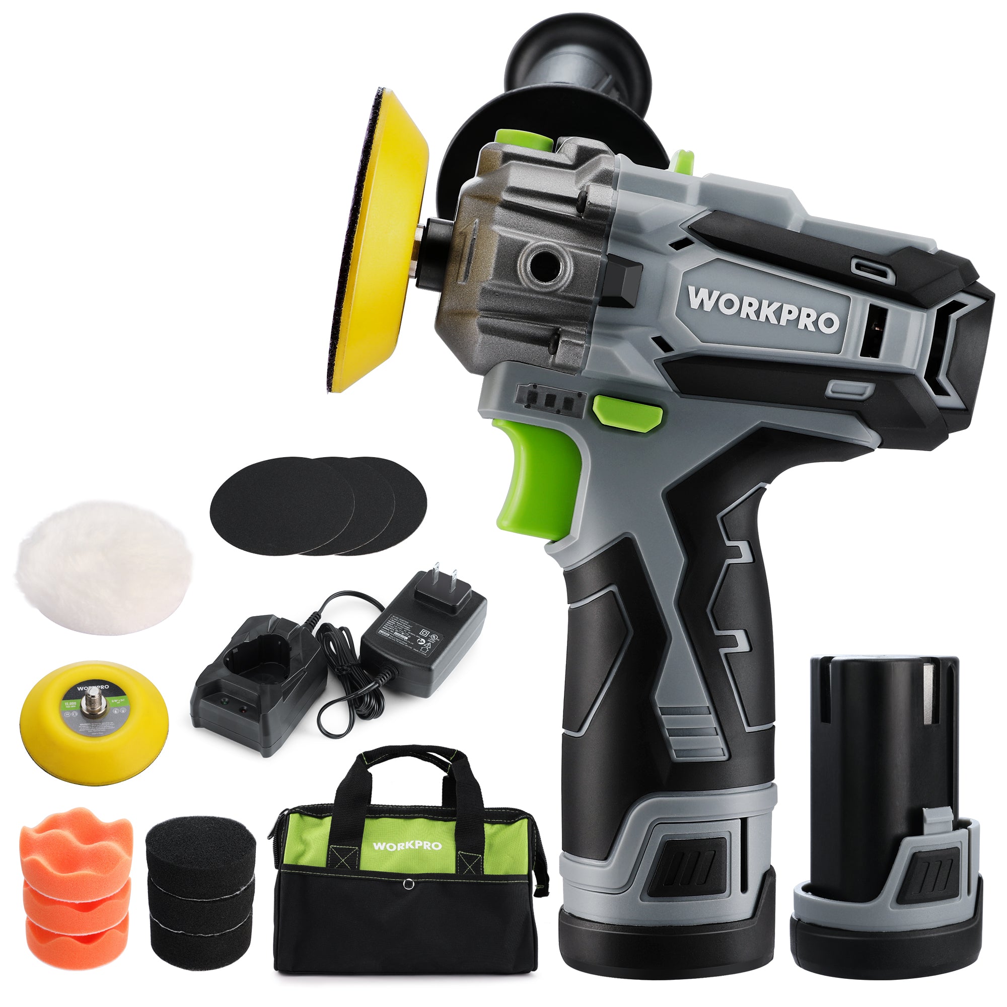 WORKPRO 12V Cordless Polisher, 3" Mini Car Detailing Buffer & Sander Machine Kit with 2 Li-Ion Batteries
