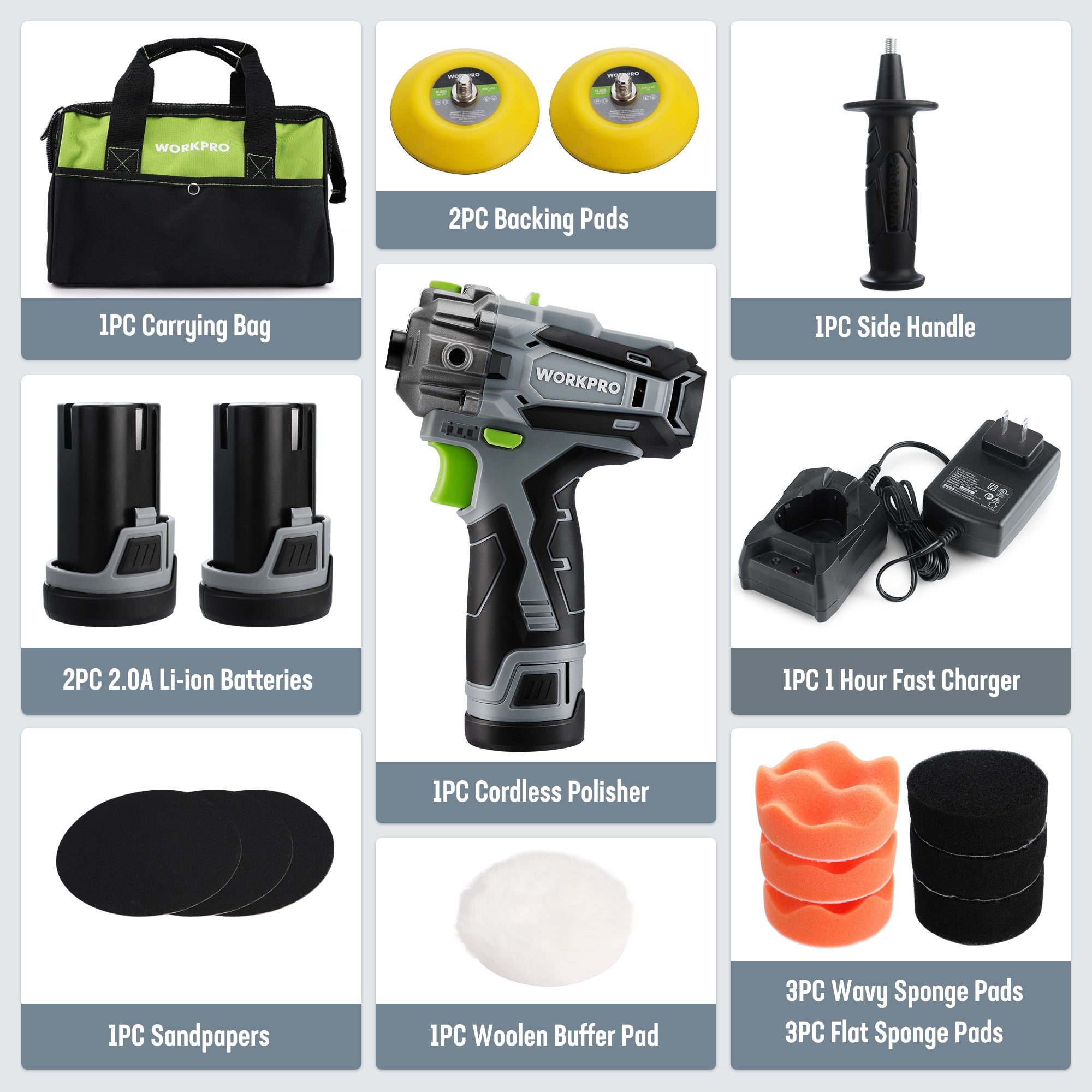WORKPRO 12V Cordless Polisher, 3" Mini Car Detailing Buffer & Sander Machine Kit with 2 Li-Ion Batteries - Image 2